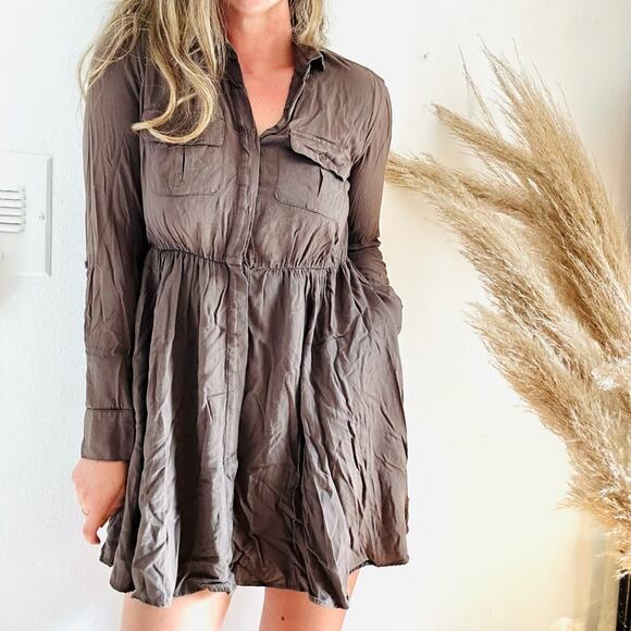 ANTHROPOLOGIE Brown Maeve Dakota Long Sleeve Shirt Button Front Collared Dress S - Picture 2 of 10